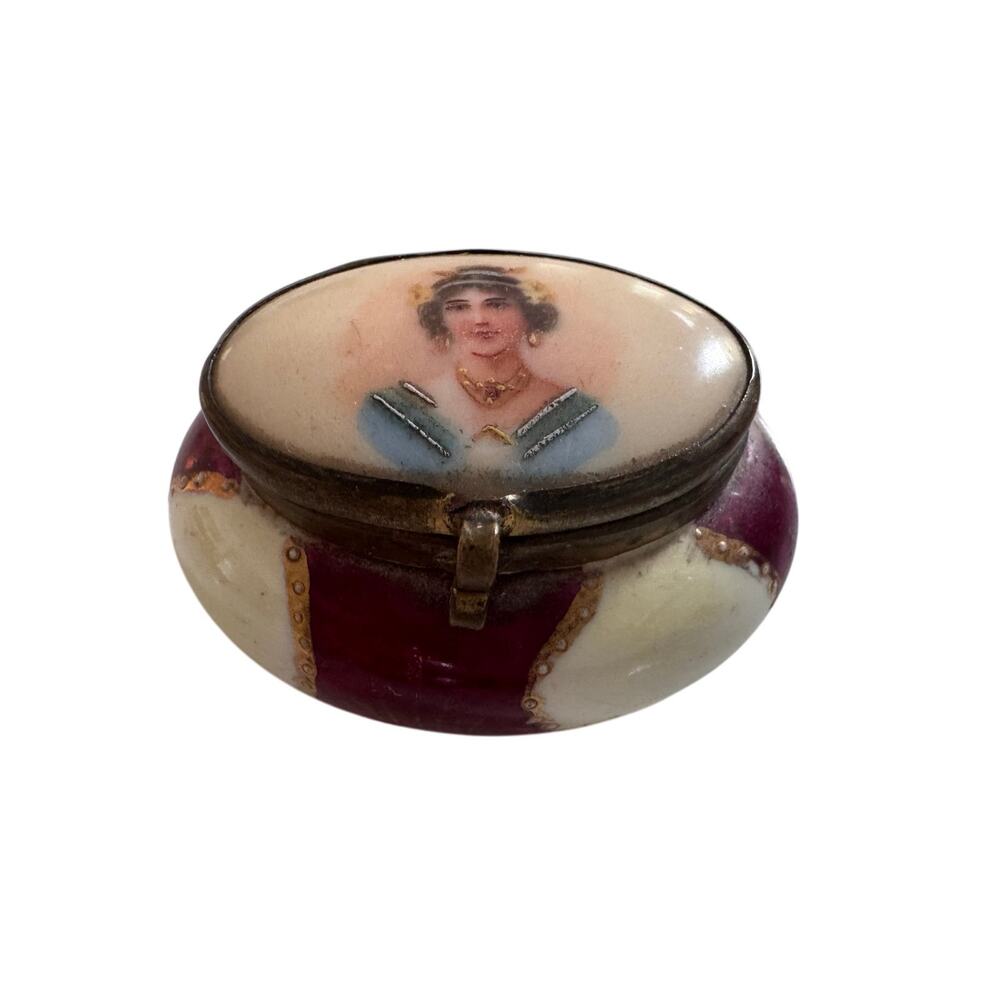 Antique Porcelain Trinket Jar w/ Lady Portrait – Hinged Lid Victorian Box